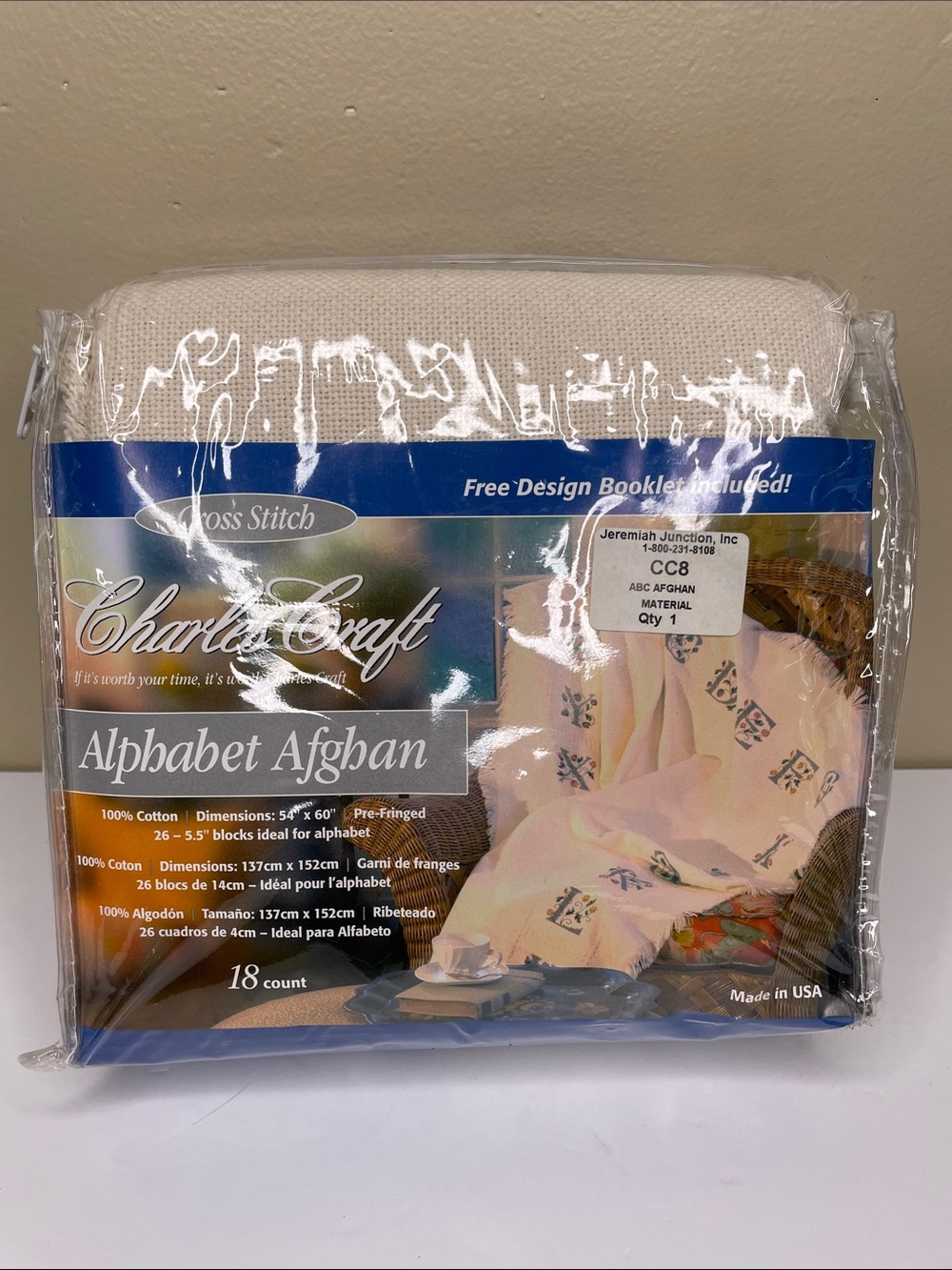 CHARLES CRAFT Cross Stitch Alphabet Blanket Cream Fringe Edge NWT